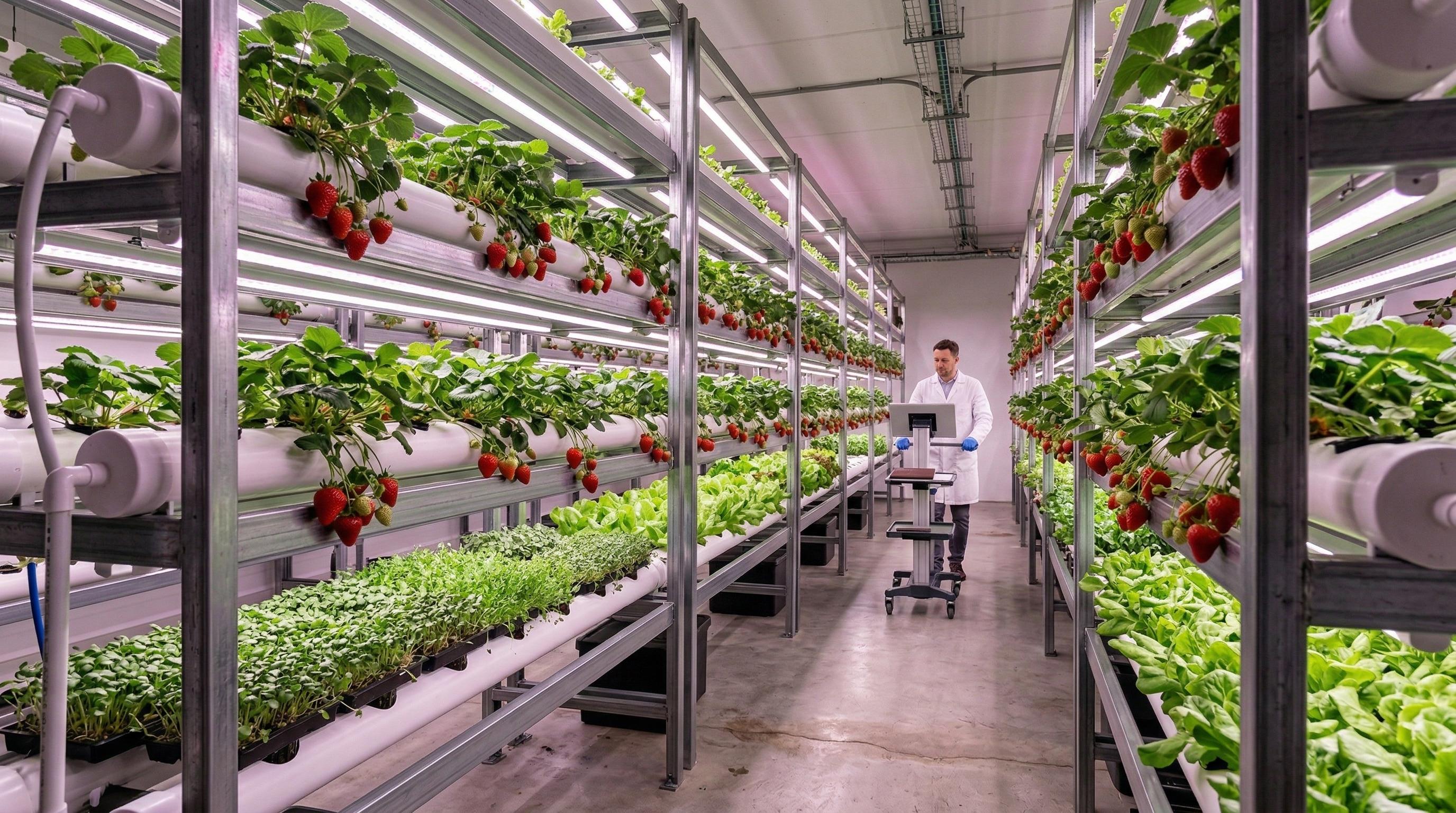 Hydroponic crops under LED lighting in a controlled indoor farm