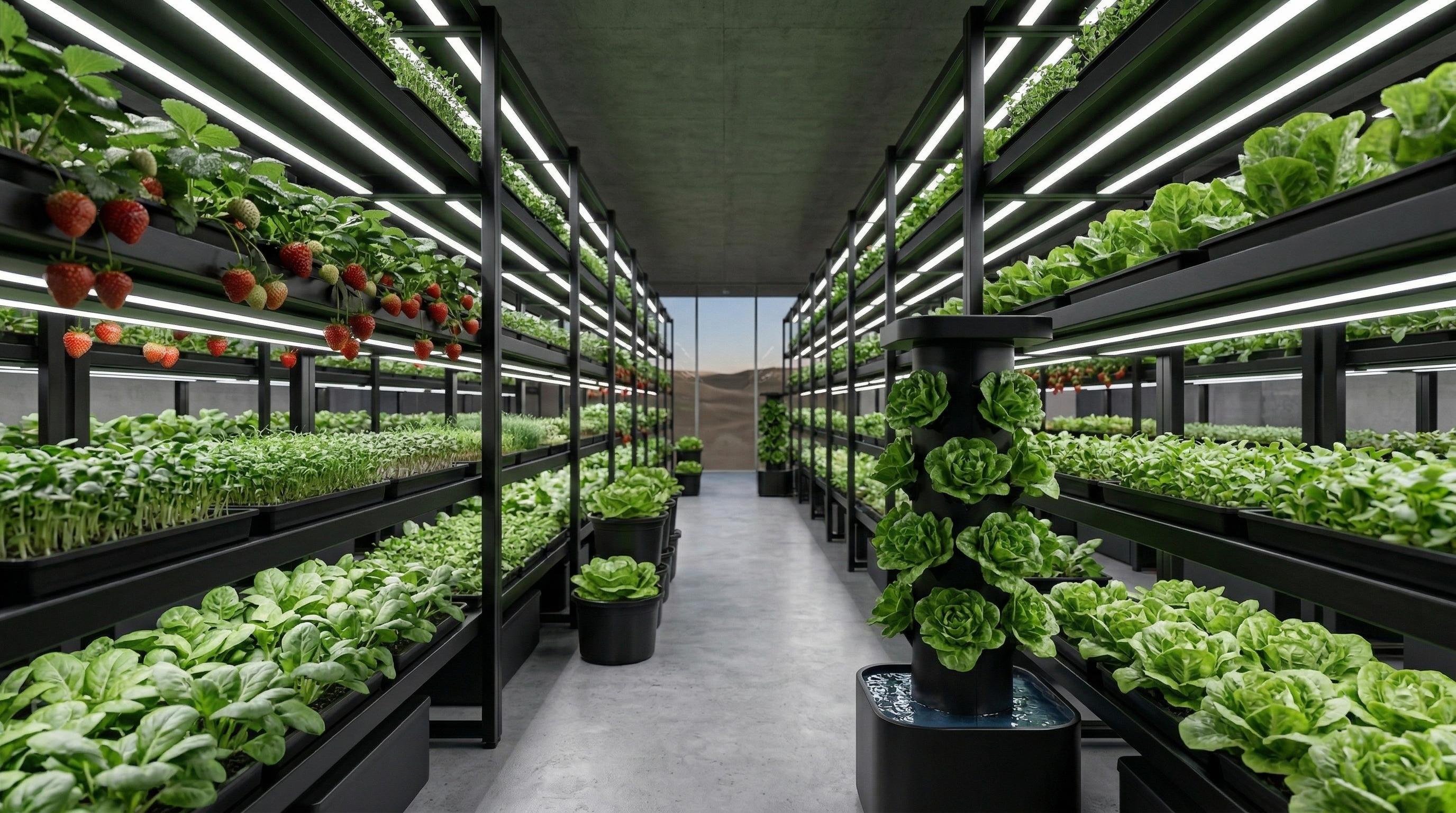 Symmetrical rows of produce under grow lights