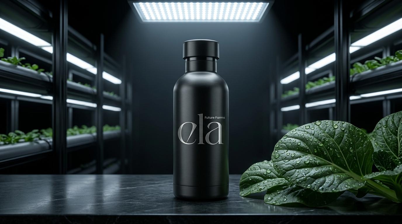 Ela branded bottle in the vertical farm
